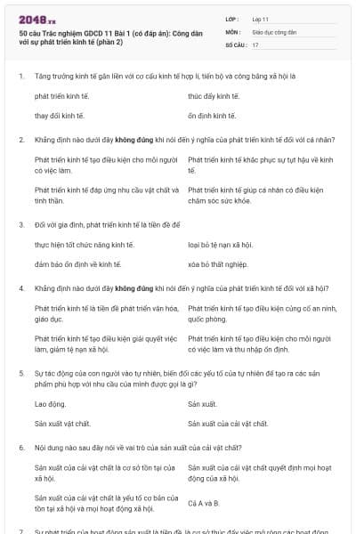 50 câu Trắc nghiệm GDCD 11 Bài 1 (có đáp án): Công dân với sự phát triển kinh tế (phần 2)