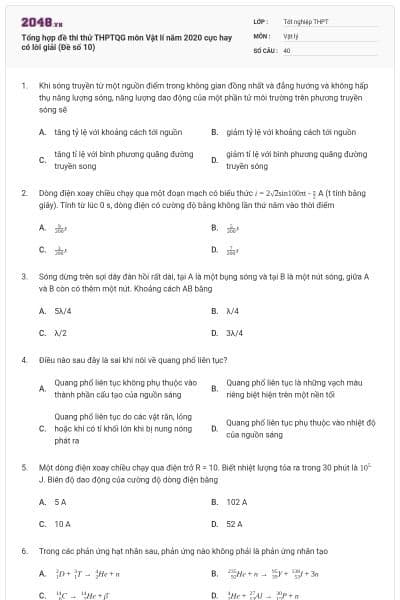 Tổng hợp đề thi thử THPTQG môn Vật lí năm 2020 cực hay có lời giải (Đề số 10)