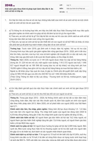 Giải sách giáo khoa Kinh tế pháp luật Cánh diều Bài 4: An sinh xã hội có đáp án