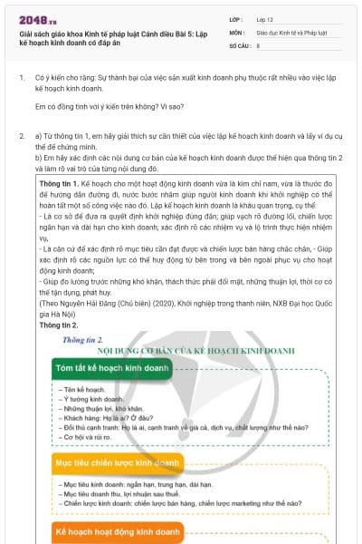 Giải sách giáo khoa Kinh tế pháp luật Cánh diều Bài 5: Lập kế hoạch kinh doanh có đáp án