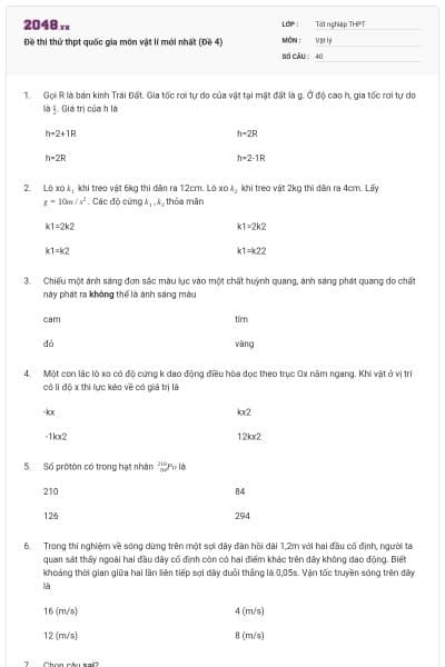 Đề thi thử thpt quốc gia môn vật lí mới nhất (Đề 4)