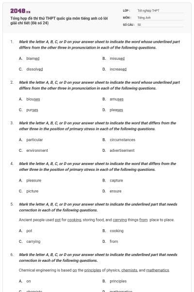 Tổng hợp đề thi thử THPT quốc gia môn tiếng anh có lời giải chi tiết (Đề số 24)
