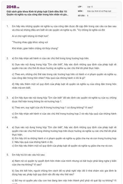 Giải sách giáo khoa Kinh tế pháp luật Cánh diều Bài 10: Quyền và nghĩa vụ của công dân trong hôn nhân và gia đình có đáp án