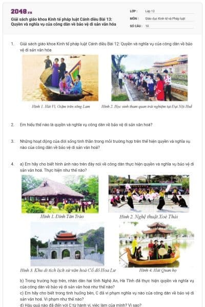 Giải sách giáo khoa Kinh tế pháp luật Cánh diều Bài 13: Quyền và nghĩa vụ của công dân về bảo vệ di sản văn hóa