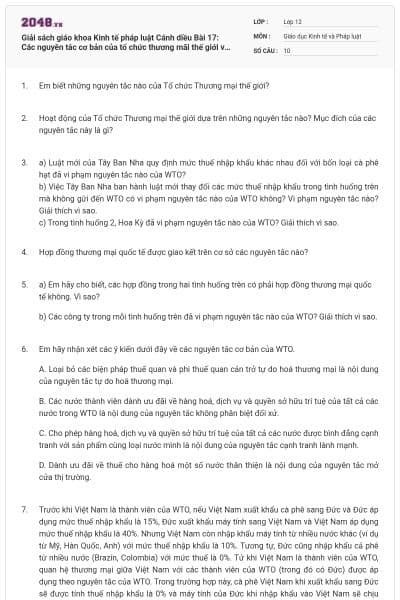 Giải sách giáo khoa Kinh tế pháp luật Cánh diều Bài 17: Các nguyên tắc cơ bản của tổ chức thương mãi thế giới và hợp đồng thương mại quốc tế
