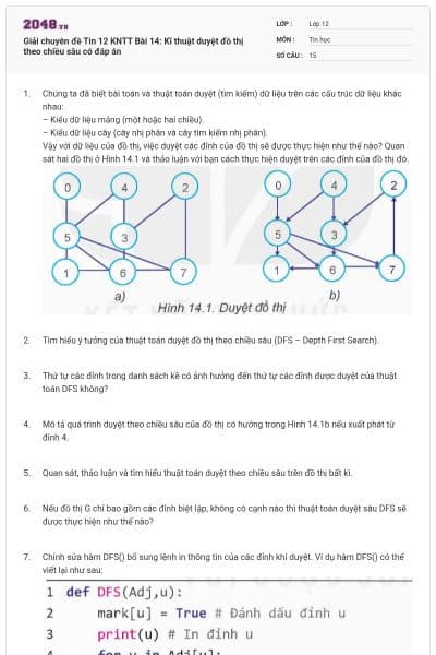Giải chuyên đề Tin 12 KNTT Bài 14: Kĩ thuật duyệt đồ thị theo chiều sâu có đáp án