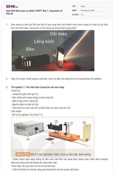 Giải SGK Khoa học tự nhiên 9 KNTT Bài 7: Lăng kính có đáp án