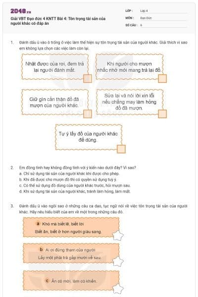 Giải VBT Đạo đức 4 KNTT Bài 4: Tôn trọng tài sản của người khác có đáp án
