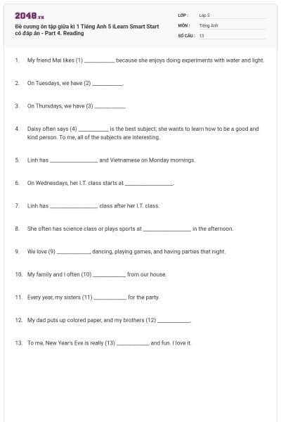 Đề cương ôn tập giữa kì 1 Tiếng Anh 5 iLearn Smart Start có đáp án - Part 4. Reading