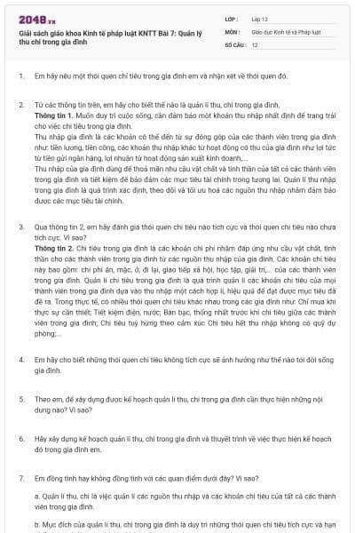 Giải sách giáo khoa Kinh tế pháp luật KNTT Bài 7: Quản lý thu chi trong gia đình