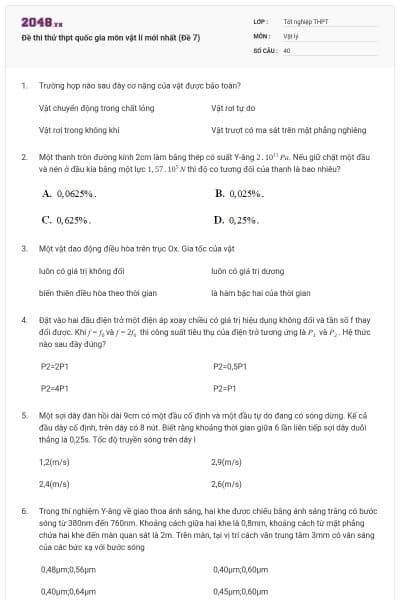 Đề thi thử thpt quốc gia môn vật lí mới nhất (Đề 7)
