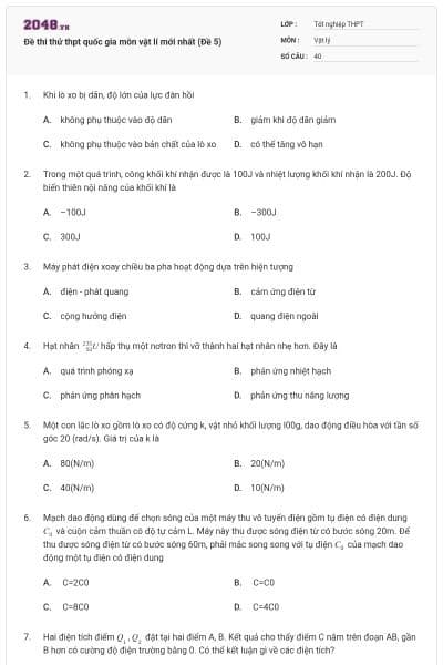 Đề thi thử thpt quốc gia môn vật lí mới nhất (Đề 5)