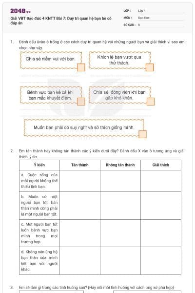 Giải VBT Đạo đức 4 KNTT Bài 7: Duy trì quan hệ bạn bè có đáp án