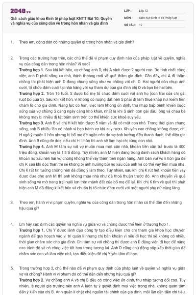 Giải sách giáo khoa Kinh tế pháp luật KNTT Bài 10: Quyền và nghĩa vụ của công dân về trong hôn nhân  và gia đình
