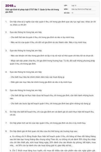 Giải sgk Kinh tế pháp luật CTST Bài 7: Quản lý thu chi trong gia đình