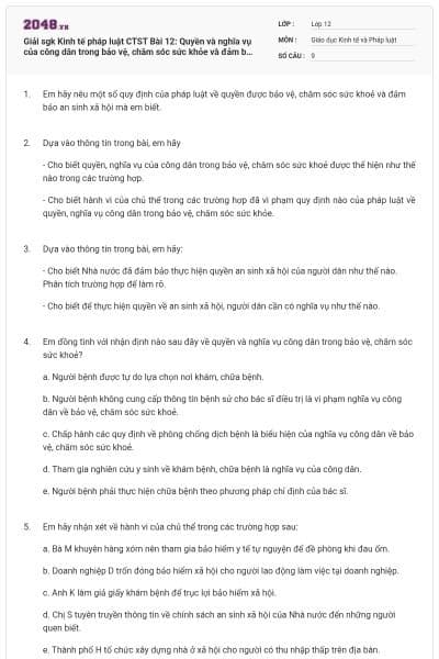 Giải sgk Kinh tế pháp luật CTST Bài 12: Quyền và nghĩa vụ của công dân trong bảo vệ, chăm sóc sức khỏe và đảm bảo an sinh xã hội