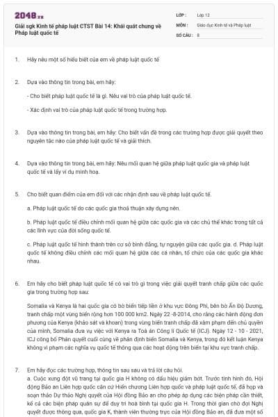 Giải sgk Kinh tế pháp luật CTST Bài 14: Khái quát chung về Pháp luật quốc tế