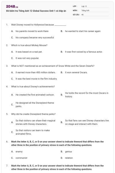 Đề kiểm tra Tiếng Anh 12 Global Success Unit 1 có đáp án