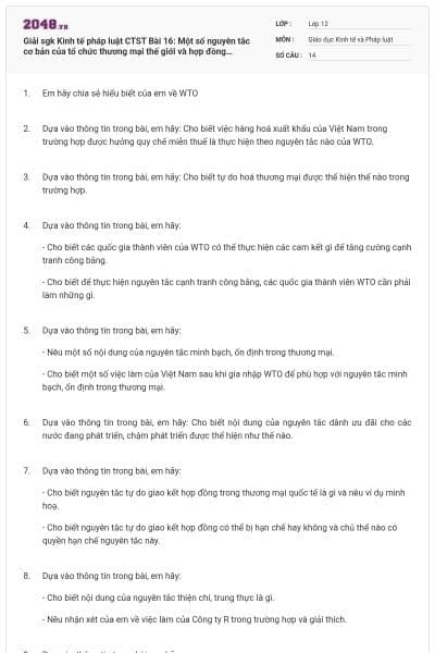 Giải sgk Kinh tế pháp luật CTST Bài 16: Một số nguyên tắc cơ bản của tổ chức thương mại thế giới và hợp đồng thương mại quốc tế