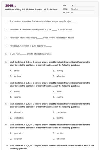 Đề kiểm tra Tiếng Anh 12 Global Success Unit 2 có đáp án