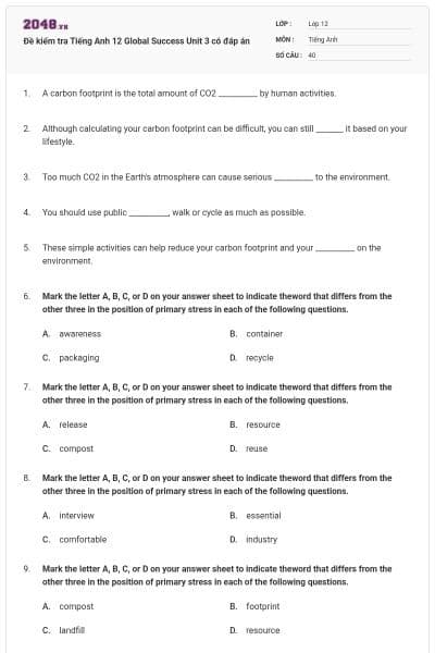 Đề kiểm tra Tiếng Anh 12 Global Success Unit 3 có đáp án