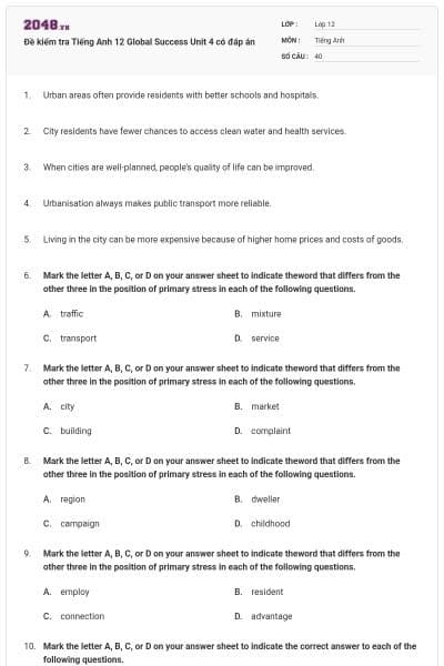Đề kiểm tra Tiếng Anh 12 Global Success Unit 4 có đáp án