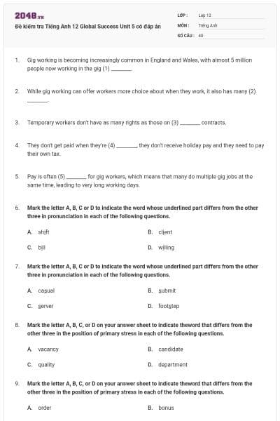 Đề kiểm tra Tiếng Anh 12 Global Success Unit 5 có đáp án
