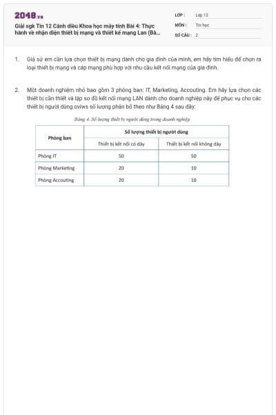 Giải sgk Tin 12 Cánh diều Khoa học máy tính Bài 4: Thực hành về nhận diện thiết bị mạng và thiết kế mạng Lan  (Bài tập nhóm)