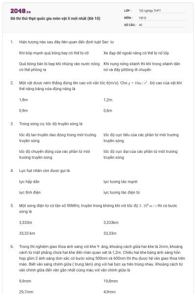 Đề thi thử thpt quốc gia môn vật lí mới nhất (Đề 10)