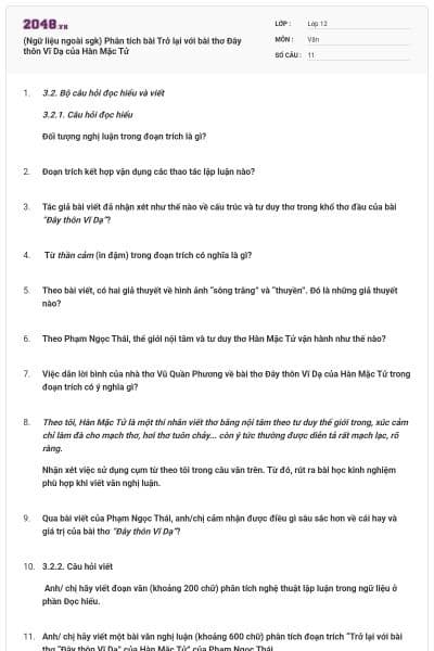 (Ngữ liệu ngoài sgk) Phân tích bài  Trở lại với bài thơ Đây thôn Vĩ Dạ của Hàn Mặc Tử