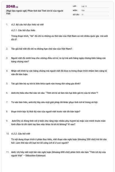 (Ngữ liệu ngoài sgk) Phân tích bài Tính ích kỉ của người Việt