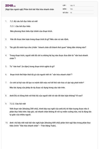 (Ngữ liệu ngoài sgk) Phân tích bài Văn hóa nhanh chân