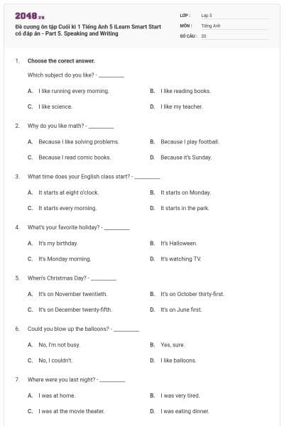 Đề cương ôn tập Cuối kì 1 Tiếng Anh 5 iLearn Smart Start có đáp án - Part 5. Speaking and Writing