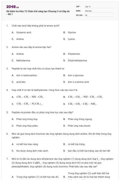 Đề kiểm tra Hóa 12 Chân trời sáng tạo Chương 3 có đáp án - Đề 1