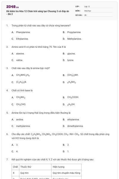 Đề kiểm tra Hóa 12 Chân trời sáng tạo Chương 3 có đáp án - Đề 2