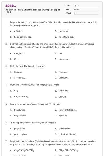 Đề kiểm tra Hóa 12 Chân trời sáng tạo Chương 4 có đáp án - Đề 1