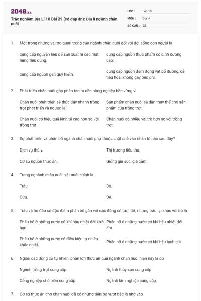 Trắc nghiệm Địa Lí 10 Bài 29 (có đáp án): Địa lí ngành chăn nuôi