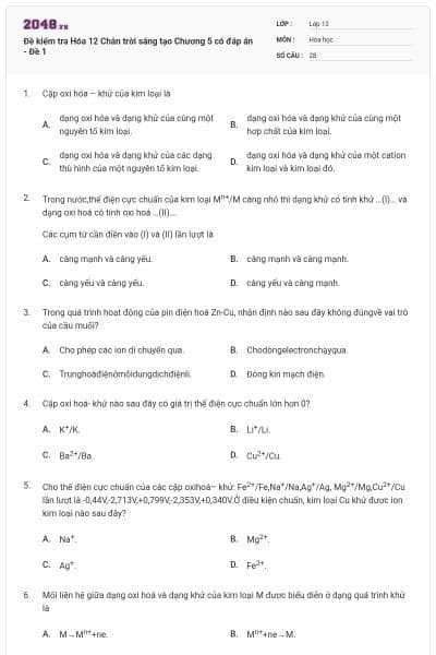 Đề kiểm tra Hóa 12 Chân trời sáng tạo Chương 5 có đáp án - Đề 1