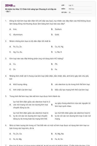 Đề kiểm tra Hóa 12 Chân trời sáng tạo Chương 6 có đáp án - Đề 1
