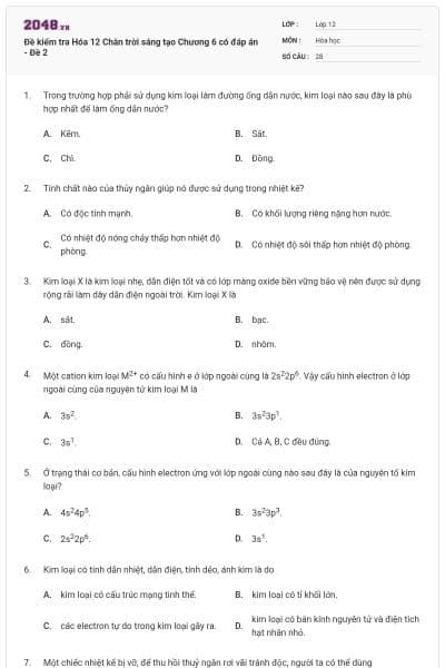 Đề kiểm tra Hóa 12 Chân trời sáng tạo Chương 6 có đáp án - Đề 2