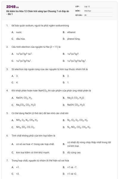 Đề kiểm tra Hóa 12 Chân trời sáng tạo Chương 7 có đáp án - Đề 1