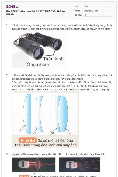 Giải SGK Khoa học tự nhiên 9 KNTT Bài 8. Thấu kính có đáp án