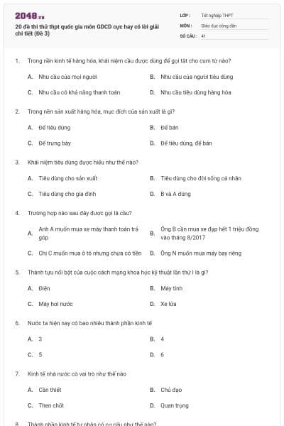20 đề thi thử thpt quốc gia môn GDCD cực hay có lời giải chi tiết (Đề 3)