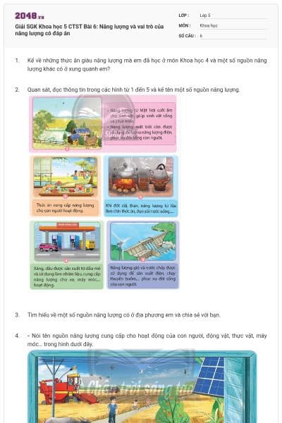 Giải SGK Khoa học 5 CTST Bài 6: Năng lượng và vai trò của năng lượng có đáp án
