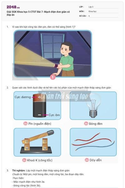 Giải SGK Khoa học 5 CTST Bài 7: Mạch điện đơn giản có đáp án