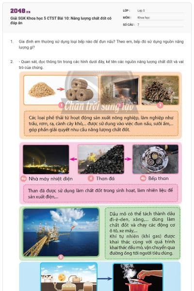 Giải SGK Khoa học 5 CTST Bài 10: Năng lượng chất đốt có đáp án