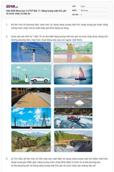Giải SGK Khoa học 5 CTST Bài 11: Năng lượng mặt trời, gió và nước chảy có đáp án