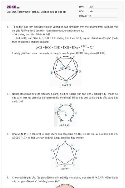 Giải SGK Toán 9 KNTT Bài 30. Đa giác đều có đáp án