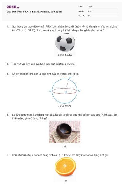 Giải SGK Toán 9 KNTT Bài 32. Hình cầu có đáp án