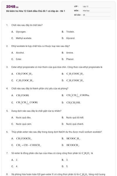Đề kiểm tra Hóa 12 Cánh diều Chủ đề 1 có đáp án - Đề 1
